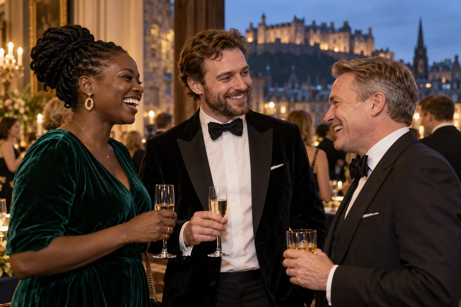 Guests laughing together at an evening reception
