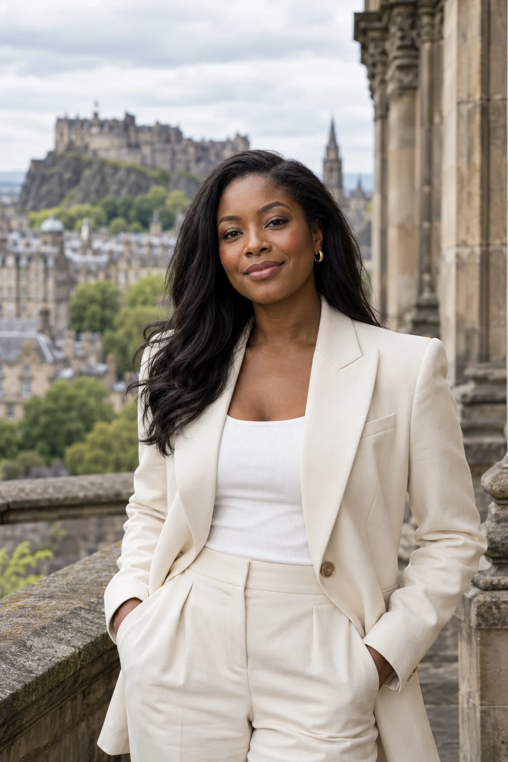 Portrait of a woman in a cream suit in Edinburgh